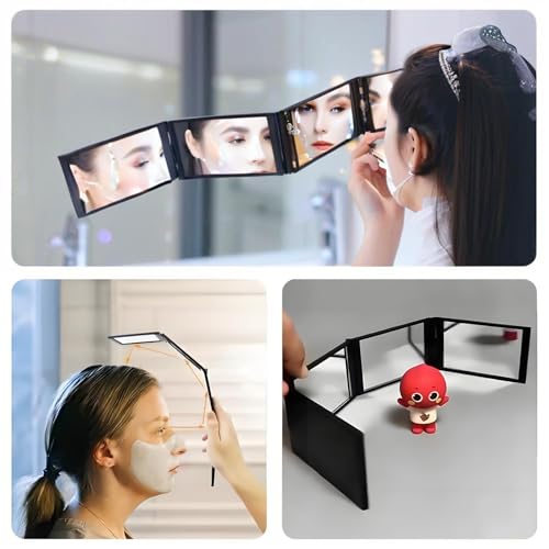 Foldable Makeup Mirror 4 Barber Mirrors, 360 Degree Handheld Desktop DIY Haircut Tool,Styling, Grooming,Portable Foldable Makeup Mirror,Plus 15X Magnifying Mirror