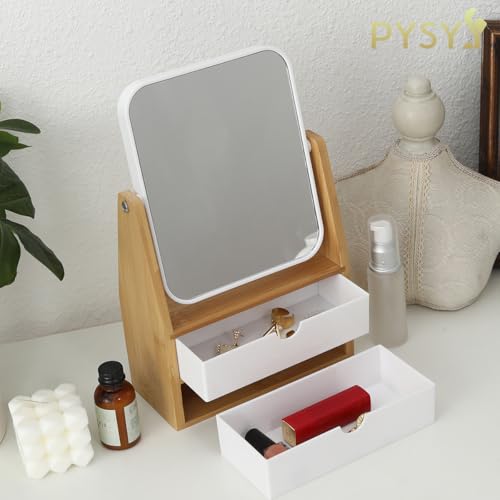 1x/5x Rectangle Magnifying Makeup Mirror, Jewelry and Cosmetics Storage Box | The Desktop Makeup Mirror Features Two Storage Compartments,360°Rotating Mirror Surface, and a Natural Bamboo Base