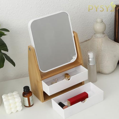 1x/5x Rectangle Magnifying Makeup Mirror, Jewelry and Cosmetics Storage Box | The Desktop Makeup Mirror Features Two Storage Compartments,360°Rotating Mirror Surface, and a Natural Bamboo Base