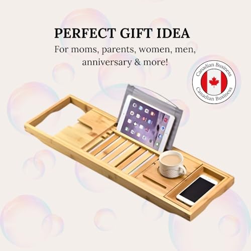 COLORANTIC | Bamboo Wood Bathtub Tray | Bathroom Caddy & Wine Holder | Cell Phone, iPad & Book Holder | Spa & Relaxation Gift for Women, Women & Parents | DIY Rustic Bath & Bathroom Organizer
