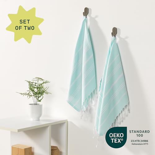 WETCAT Turkish Hand Towels with Hanging Loop, Set of 2 (20" x 30") 100% Turkish Cotton, Pre-Washed, Quick Drying, for Kitchen or Bathroom - Aqua - color: Aqua
