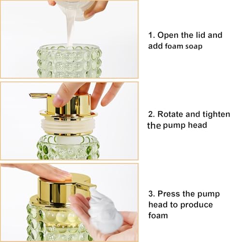 Glass Foaming Soap Dispenser, Green Foam Hand Soap Dispenser, Bathroom 12 Oz Large Bottle with Gold Pump, Refillable Lotion Pump Container for Bathroom, Kitchen,Hand Soap, Dish Soap, Shampoo - color: Green