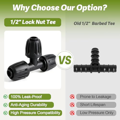 12 Pack 1/2 Inch Drip Irrigation Tee Fittings (1/2" ID x 0.6-0.65" OD), 1/2'' Dripline Barbed Tee Connectors with Anti-Drop Lock Nuts for Garden Lawn Irrigation System Connection - size: 1/2" Nut Tee-12P
