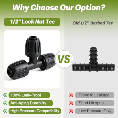 12 Pack 1/2 Inch Drip Irrigation Tee Fittings (1/2" ID x 0.6-0.65" OD), 1/2'' Dripline Barbed Tee Connectors with Anti-Drop Lock Nuts for Garden Lawn Irrigation System Connection - size: 1/2" Nut Tee-12P