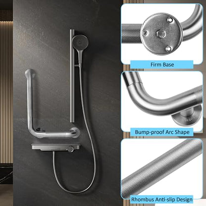 Angled Shower Grab Bar, 12x16 Inch Stainless Steel Bathroom Grab Bar, 1.25" Diameter L-Shaped Brushed Nickel Grab Bars for Bathtubs and Showers, Handicap Shower Grab Bar for Seniors Elderly - size: 12x16 Inch