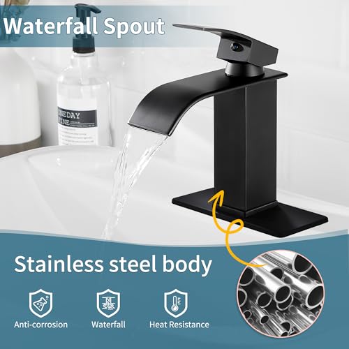 Sagetta Waterfall Bathroom Sink Faucet Single Hole Black with Three Hole Cover Deck Plate, Pop up Drain and Water Hoses Stainless Steel Vanity - color: Black, style: 1