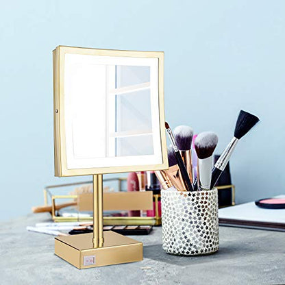 DOWRY Tabletop LED Lighted 5X Magnifying Makeup Mirror Square with Plug 8 Inch Polished Gold Finished - color: Gold