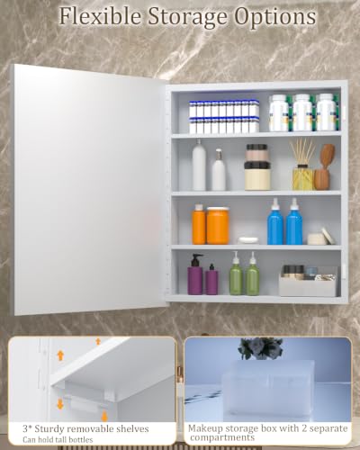 20"x26" Hand-Inlaid Natural Shell White Medicine Cabinet Mirror for Bathroom, Bedroom, Living Room, Entryway, Easy to Install Left or Right Opening Bathroom Wall Cabinet Recessed and Surface Mount - color: 20"x26"-white