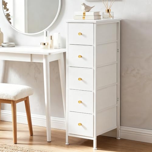 Fixwal Narrow Storage Cabinet, Narrow Nightstand Dresser with 5 Drawers, Slim Fabric Dresser Storage Tower for Small Spaces, White Dresser, for Bedroom, Bathroom, Laundry, Closet - color: White, size: 16.5"D x 9.5"W x 36.6"H (5 Drawers)