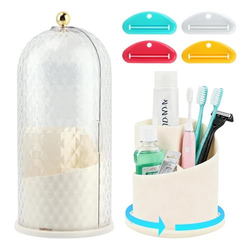 Rotating Toothbrush Holders with Sliding Lid & 4 Pcs Toothpaste Squeezers, Multifunctional 3 Slots Bathroom Organizer Countertop for Tooth Brush, Toothpaste, and Makeup Brushes