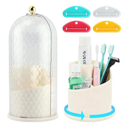 Rotating Toothbrush Holders with Sliding Lid & 4 Pcs Toothpaste Squeezers, Multifunctional 3 Slots Bathroom Organizer Countertop for Tooth Brush, Toothpaste, and Makeup Brushes