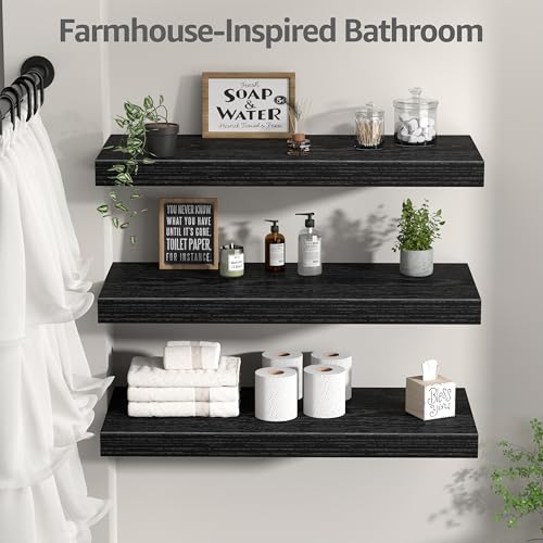 QEEIG 10" Deep Floating Shelves for Wall - 10 x 24 inch Book Shelf Bathroom Bedroom Kitchen Living Room Hanging Bookshelf Farmhouse Set of 3, Black (025-60B3) - color: B. Black, size: 23.6" x 10"