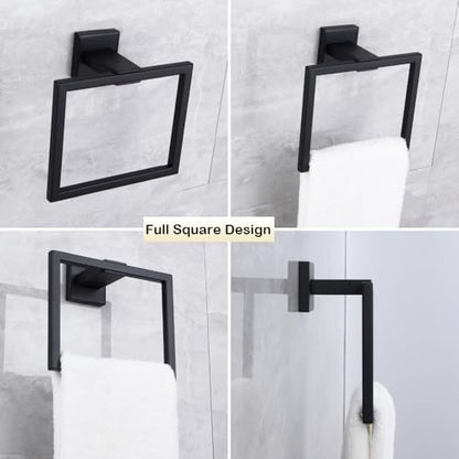 Matte Black Hand Towel Holder for Bathroom SUS 304 Stainless Steel Towel Ring Simple Square Towel Hanger Heavy Duty Hand Towel Racks Wall Mount - color: Black