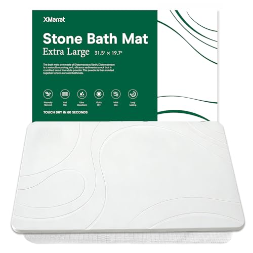 Extra Large Stone Bath Mat, Diatomaceous Earth Mat, 31.5"x19.7" | Super Absorbent, Modern Quick Drying Diatomite Bathmats, Non-Slip Base, Easy Clean for Shower Floor & Bathroom (White) - color: White, size: 31.5" x 19.7" (Rectangular)