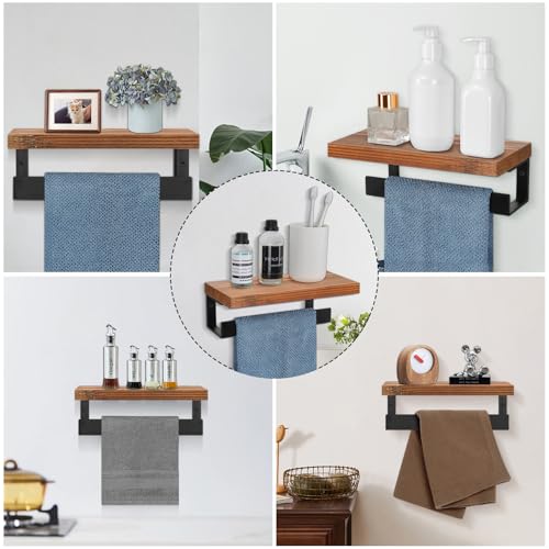 Hand Towel Holder/Towel Ring with Wooden Shelf, Hand Towel Rack, Hand Towel Hanger for Bathroom, Bath Accessories Wall Mounted, (Matte Black, 9"-Squ Shaped) - size: 9"-Squ Shaped