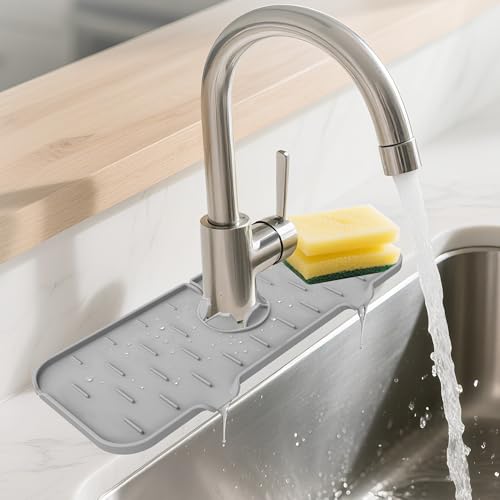 Kitchen Sink Splash Guard - Silicone Faucet Mat for Kitchen Sink Light Gray | Water catcher mat, Sink drain pad behind faucet, Sink rubber mat around faucet guard & draining mat, bathroom sink protector - color: Light Gray