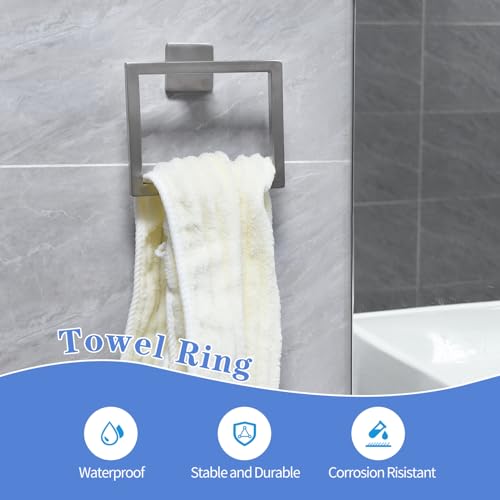 5pcs Bathroom Hardware Set, 16in Towel Bar Set, Including Square Towel Bar Square Towel Ring Toilet Paper Holder Towel Hooks, Set SUS304 Stainless Steel, Wall Mounted