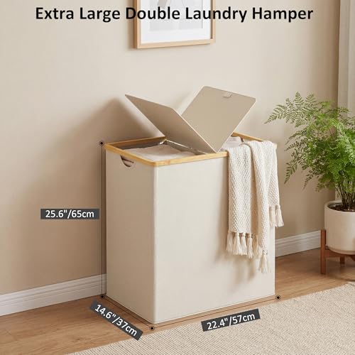 efluky Laundry Hamper with Lid, Double Laundry Basket with 2 Removable Bags, 2 Section Laundry Bin with Bamboo Handles for Bathroom, Bedroom & Laundry Room, 140L (36.9 Gallon) Beige - color: Beige, size: 140L Dual