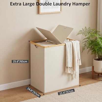 efluky Laundry Hamper with Lid, Double Laundry Basket with 2 Removable Bags, 2 Section Laundry Bin with Bamboo Handles for Bathroom, Bedroom & Laundry Room, 140L (36.9 Gallon) Beige - color: Beige, size: 140L Dual