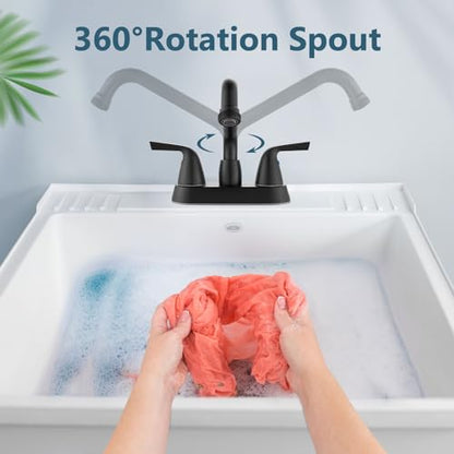 Aolemi Utility Laundry Sink Faucet,3/4" NPT Threaded End,Matte Black | 4-Inch Centerset Laundry Faucet For 2-3 Hole Utility Sinks,With 2 Handles,Swivel Stainless Steel Spout and Supply Lines - color: Matte Black