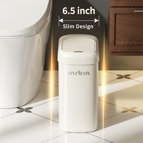 MRBIN Motion Sensor Adsorption Bag Bathroom Trash Can with Lid and Wheels, 10L/2.6gal Automatic Waste Basket Slim Electric Metal Garbage Bin for Office, Bedroom, Rv, Cream White
