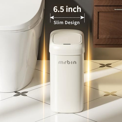 MRBIN Motion Sensor Adsorption Bag Bathroom Trash Can with Lid and Wheels, 10L/2.6gal Automatic Waste Basket Slim Electric Metal Garbage Bin for Office, Bedroom, Rv, Cream White