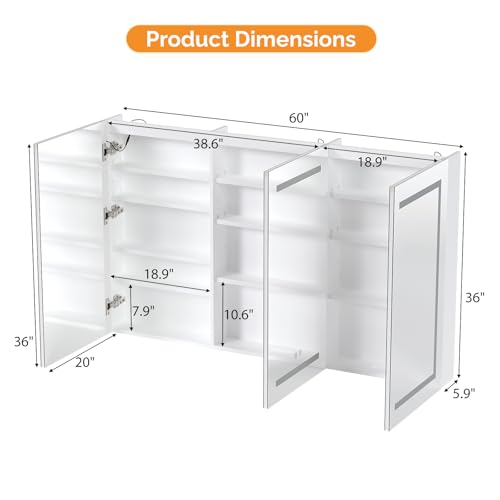 VINGLI 60 x 36 Inch Extra Large Lighted Bathroom Medicine Cabinet with Mirror, Large 3-Door Wall Mounted Bathroom Medicine Cabinet with Lights, Dimmable Mirror with Storage, Built-in Outlet & USB - size: 5.9"D x 60"W x 36"H