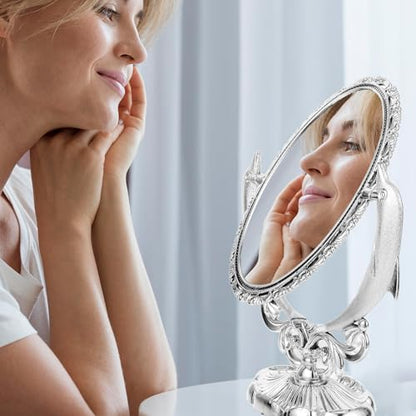 COLLBATH Double-Sided Makeup Mirror with Stand for Tabletop Use, Swivel Cosmetic Mirror with Reflection, Silver Plastic and Glass Material, Elegant Design for Dresser or Vanity