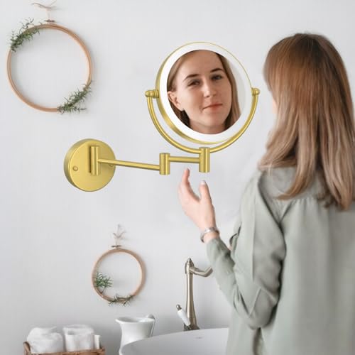 8" Make up Mirror Wall Mounted with Lights and Magnification 10X | Rechargeable, Double Sided, 3-Color LED Touch Dimmable, Brass Extended Swing Arm Foldable Makeup Cosmetic, Brushed Gold - color: Brushed Gold