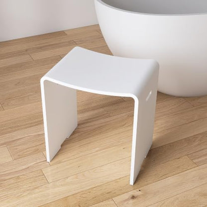 Modern Shower Stool, Matte White Solid Surface Bath Stool | Stone Resin Heavy-Duty, Matte Surface, Non-Slip Waterproof Chair Seat for Inside Showers and Outdoor Use (400 lbs Capacity) - color: White Handle Cutouts