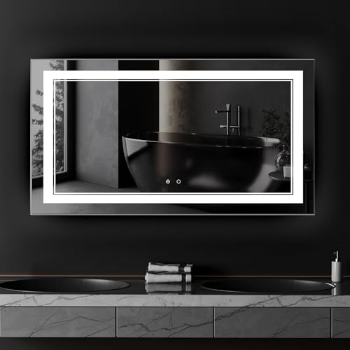 55" x 30" LED Bathroom Mirror Wall-Mounted Vanity Mirror with Anti Fog,Dimmable Waterproof Smart Touch Button Makeup Mirror with Lights Vertical & Horizontal - color: Front Lights, size: 55"L x 30"W
