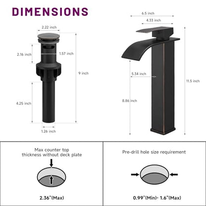 Bathroom Faucet Oil Rubbed Bronze, Bathfinesse Faucet for Bathroom Sink 1 Hole One Handle Deck Mount Veseel Sink Bowl with Pop-up Drain Stopper and Supply Hoses - color: Oil Rubbed Bronze, size: Tall with Drain Assembly