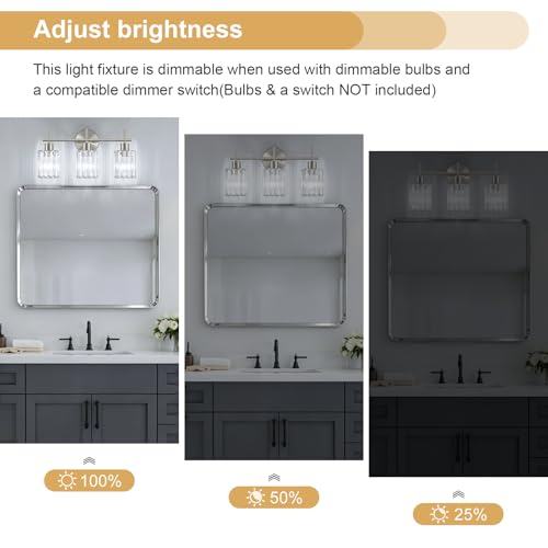Brushed Nickel Bathroom Light Fixtures, Square, 3-Light | Vanity Lights with Crystal Shades, Modern Bathroom Lighting Fixtures over Mirror (Bulbs Not Included, E26) - color: Brushed Nickel (Square), size: 3-Light