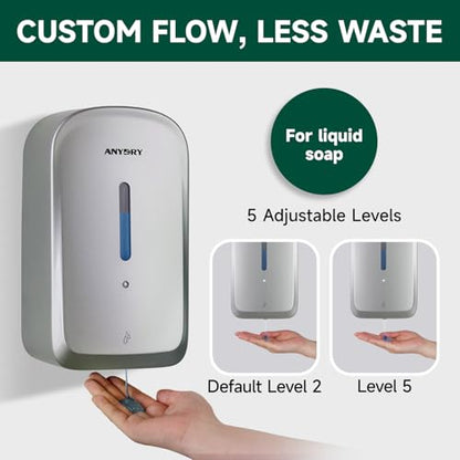 anydry Commercial Automatic Soap Dispenser 34oz Large Capacity Wall-Mounted | Touchless Liquid Dispenser, Five-Level Adjustment, Ideal for High-Traffic Bathroom, Restroom, Durable Wall-Mount Installation - color: Silver