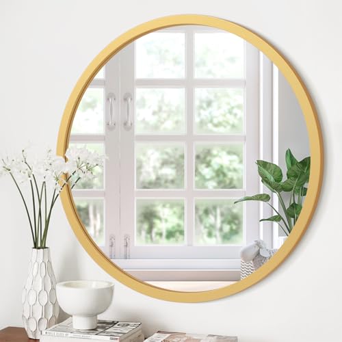 JJUUYOU Wall Mirror 24 Inch Round Wall Mirror for Bathroom Antique Circular Mirrors Washroom Wall Decor Wood Frame Mirrors for Living Room Bedroom Dorm Decorative - color: Gold, size: 24"L x 24"W