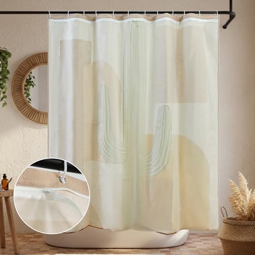 Tropical Cactus Linen Shower Boho Curtain Set with Liner,72" Wx72 L | Double Layer Shower Curtain Waterproof Fabric with Zippered Removable PEVA Liner,Boho Shower Curtain for Bathroom,Free Hooks - color: Orange Cactus