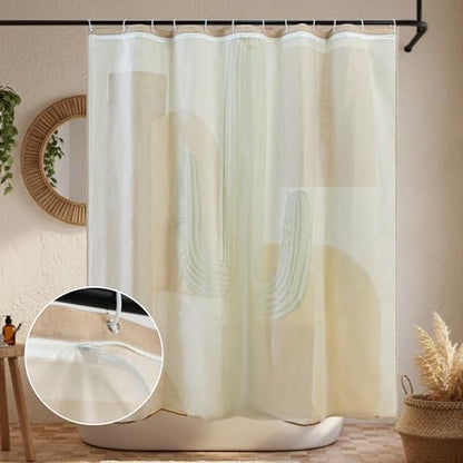 Tropical Cactus Linen Shower Boho Curtain Set with Liner,72" Wx72 L | Double Layer Shower Curtain Waterproof Fabric with Zippered Removable PEVA Liner,Boho Shower Curtain for Bathroom,Free Hooks - color: Orange Cactus