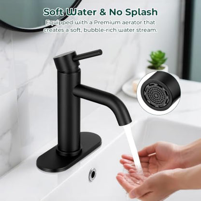 Bathroom Faucet, Single Handle Vanity Sink Faucet, Matte Black | Matte Black, for 1/3-Hole, Stainless Steel, Ceramic Cartridge, Pop-Up Drain, Deck Plate, For Vanity Powder Laundry - color: Matte Black