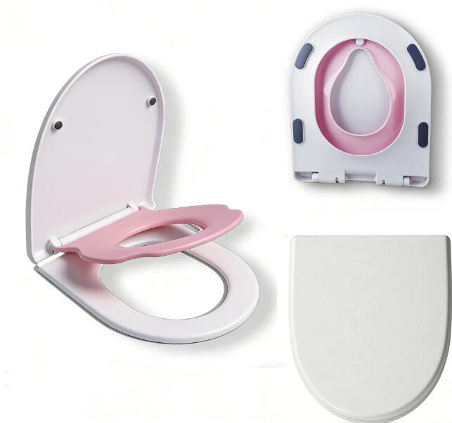 Toddler Toilet Seat with Built-In Child Seat, Soft Close, Pink | Quick-release design removes easily for deep cleaning around hinges and hard-to-reach areas, keeping the toilet cleaner. - size: 18Pink