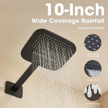 TRUSTMI 10" Shower System with Thermostatic Valve, Rainfall, Matte Black | Solid brass system with push-button diverter for waterfall and handheld spray. Anti-scald safety lock protects the family - color: Matte Black