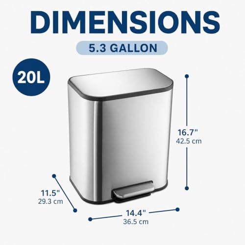 GarveeHome 5.3 Gallon Trash Can, Stainless Steel Step Trash Can, Silver | Soft Close Lid, Foot Pedal and Removable Inner Bucket, Rectangular Garbage Can for Kitchen, Bathroom, Office, Living Room - color: Stainless Steel, size: 20 L