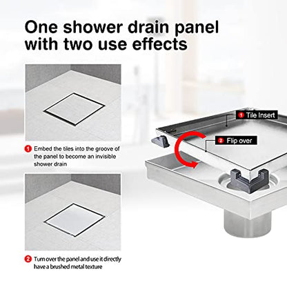 SaniteModar Shower Drain 6 inch Brushed with Flange Tile Insert Panel | AISI 304 Stainless Steel Square Shower Drain Shower Floor Square Drain with Hair Strainer and Lifting Hook