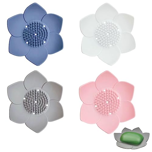 4 Pack Silicone Soap Dishes with Draining, Lotus Flowers Bar Soap Holder for Shower, Soap Saver for Counter, Bathtub, Kitchen Sink (White/Gray/Blue/Pink) - color: White/Grey/Blue/Pink