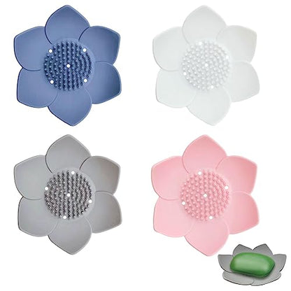 4 Pack Silicone Soap Dishes with Draining, Lotus Flowers Bar Soap Holder for Shower, Soap Saver for Counter, Bathtub, Kitchen Sink (White/Gray/Blue/Pink) - color: White/Grey/Blue/Pink