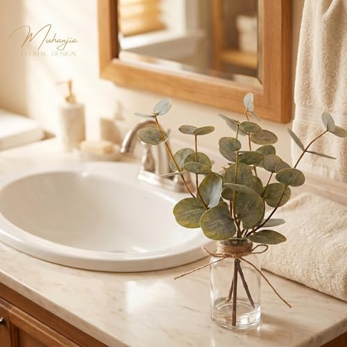 Muhanjia Artificial Eucalyptus Stems in Glass Vase with Faux Water,3Pcs Fake Plant with Double-Sided Green Leaves for Centerpiece(Double-Sided Green Eucalyptus)