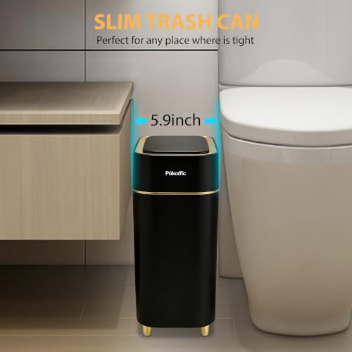 Pukomc Motion Sensor Wastebasket,2.3 Gallon Bathroom Trash can with lid | Touchless Smart Plastic Slim Wastebasket,Quiet Close Waste Bin for Bathroom,Office,RV,Bedroom,Living Room - color: Black