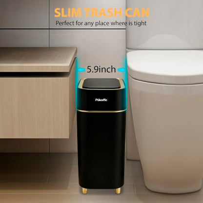 Pukomc Motion Sensor Wastebasket,2.3 Gallon Bathroom Trash can with lid | Touchless Smart Plastic Slim Wastebasket,Quiet Close Waste Bin for Bathroom,Office,RV,Bedroom,Living Room - color: Black