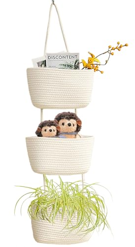 AARAINBOW Wall Hanging Cotton Baskets, Large 3 Tier Decorative Basket for Wall, Nursery, Bathroom, Boho Organizing (B-White) - color: B-White