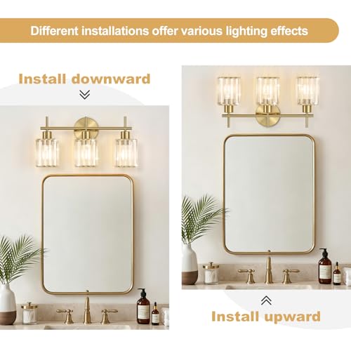 Brushed Gold Bathroom Light Fixtures, Square, 3-Light | Vanity Lights with Crystal Shades, Modern Bathroom Lighting Fixtures over Mirror (Bulbs Not Included, E26) - color: Brushed Gold (Square), size: 3-Light