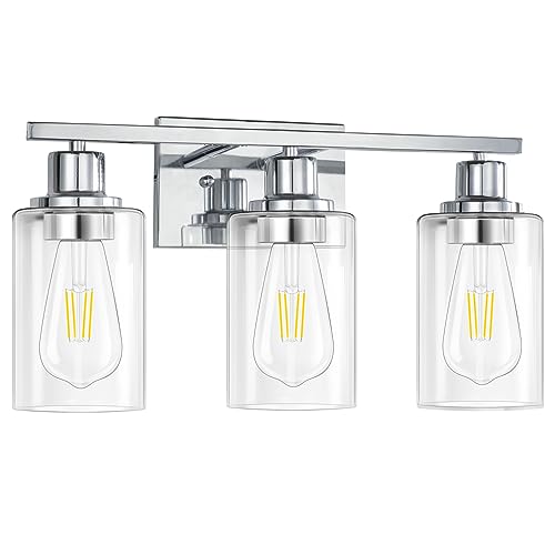 3 Light Vanity Light Fixtures, Polished Chrome Bathroom Wall Sconces, Modern Wall Lights with Clear Glass Shades, Bathroom Wall Lamp over Mirror Kitchen Bedroom Living Room Hallway Cabinet Porch - color: Chrome